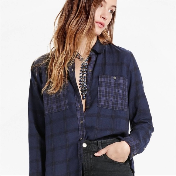 NWT Lucky Brand Women's Navy Contrasting Plaid Button Down Shirt - SIZE Small - Picture 2 of 5